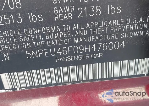 2009 Hyundai Sonata Se V6 z USA, uszkodzony, nr VIN 5NPEU46F09H476004